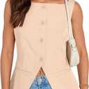 UEU Women's Button Sleeveless Boat Neck Vest Tops Trendy Dressy Fashion Business Work Strapless Going Out Wedding Blazer Suit Waistcoat Outerwear Coat Apricot XL