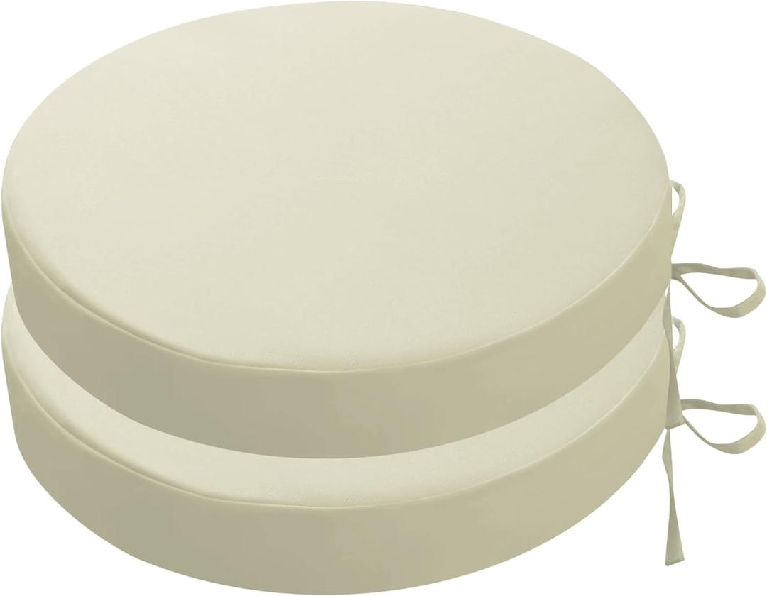 SK Studio Round Outdoor Chair Cushions for Patio Furniture, Set of 2 Waterproof Patio Chair Cushion with Adjustable Ties for Garden Sofa Couch, Beige, 20"x20"x2"