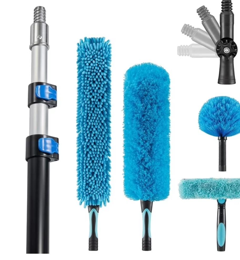 20 Foot High Ceiling Fan Duster with 5-12ft Extension Pole, Extendable Reusable Cobweb, Feather, Window Cleaning Squeegee Kit