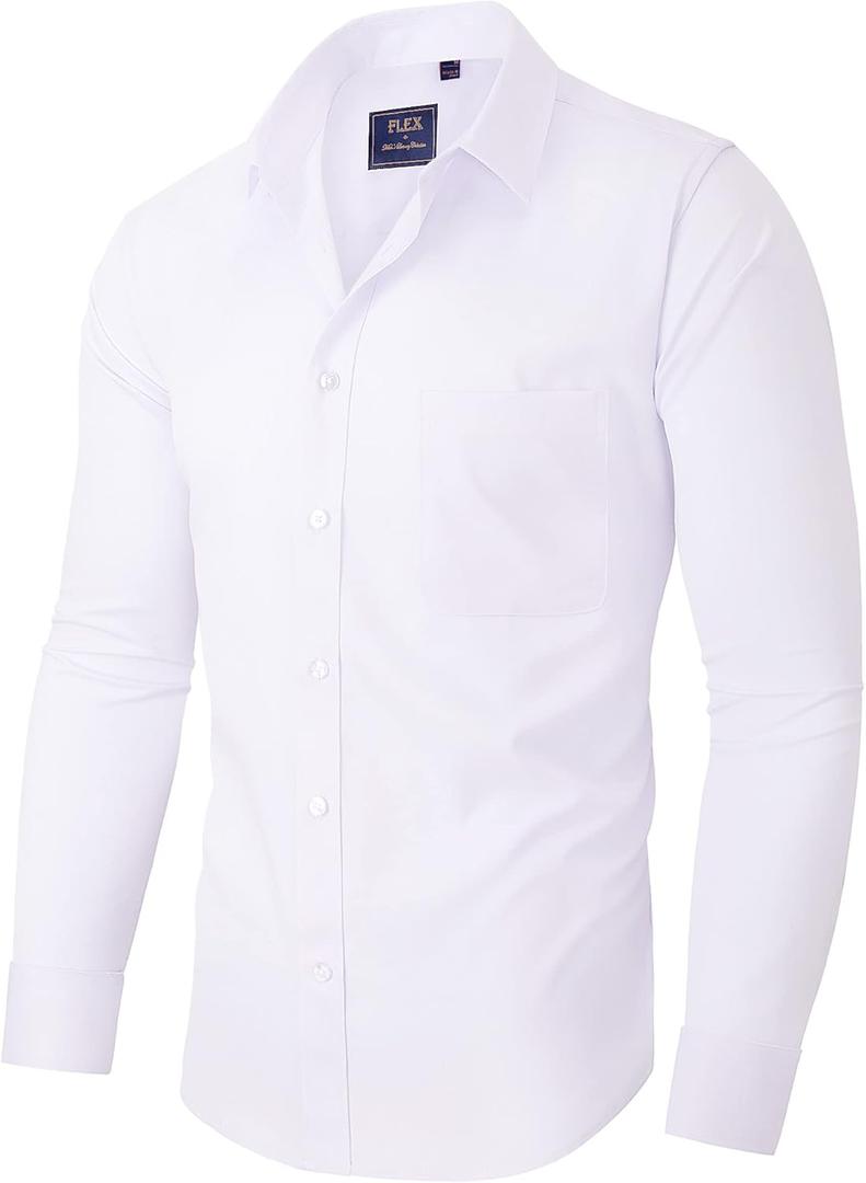 Alimens & Gentle Men's Dress Shirts Long Sleeve Wrinkle-Free Stretch Shirts Solid Formal Button Down Shirt with Pocket (White, M)