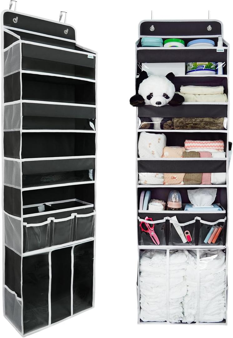 Door Hanging Storage Organizer,with 3 Bins 1 Movable Baby Diaper Caddy,1 Large Capacity Diaper Stacking Storage Organizer,10 Side Pockets ,Bedroom Door Storage for Nursery Baby Essentials (Dark Grey)