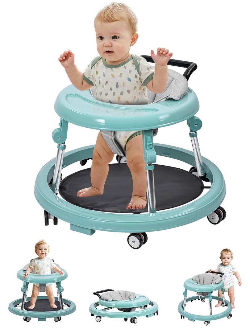 Baby Walker with Wheels: Adjustable Height & Foldable Design, Mute Wheels & Anti-Rollover Feature, Includes Footrest, Perfect for Boys & Girls 6-18 Months (Green)