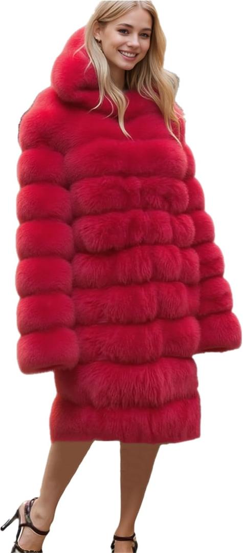 Lisa Colly Women's Winter Plus Size Parka Overcoat Long Sleeve Faux Fur Coat Jacket with Big Hooded (Large, Red)