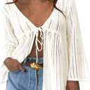 Saodimallsu Womens Summer Lightweight Tie Front Cardigans Crochet Knit Long Bell Sleeve Casual V Neck Beach Cover Ups (Medium, White)