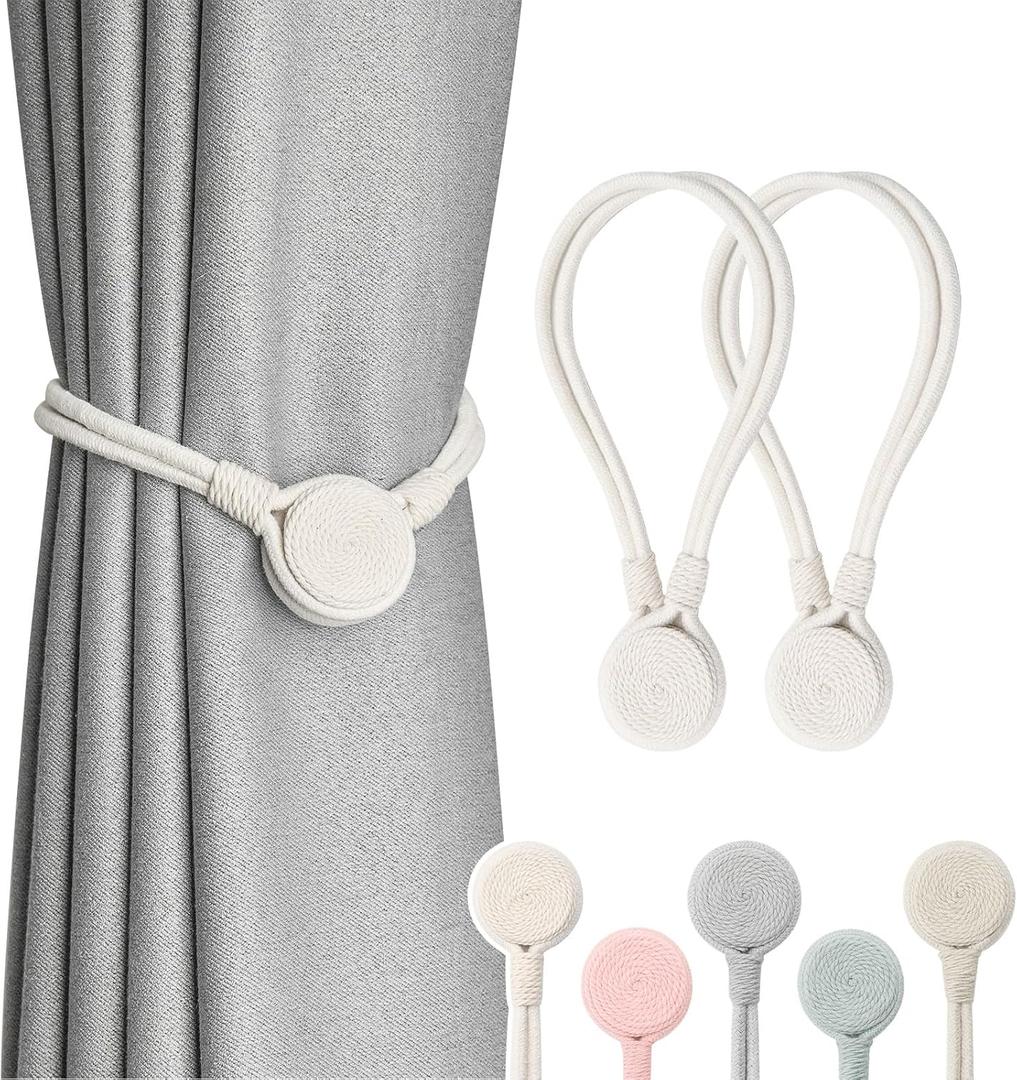 NICEEC 2 Pack Strong Magnetic Curtain Tiebacks Wooden Medal Shape Decorative Drape Tie Backs Natural Cotton Rope Hand-Woven Curtain Holdbacks for Home & Office Draperies Decor (Beige)