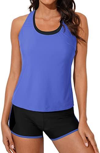 Aleumdr Womens Athletic 3 Piece Tankini Swimsuits with Shorts Swim Tank Tops with Sports Bra and Boyshorts Bathing Suits L