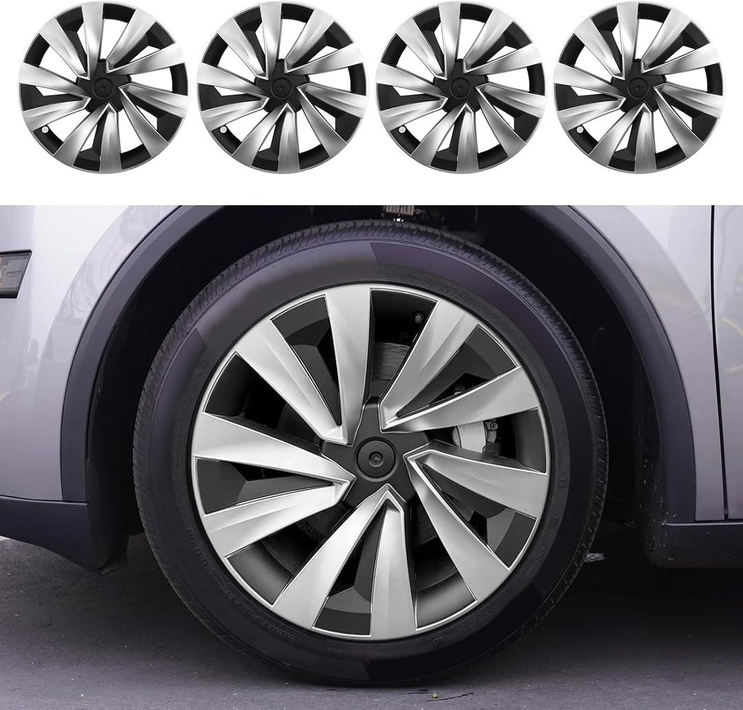 Hubcaps Fit for Tesla Model Y Juniper 2025 2026, 19" Silver + Black Wheel Covers with Center Caps, Cross-Spoke Design Rim Covers, Easy Clip-On Installation for Model Y Juniper Accessories