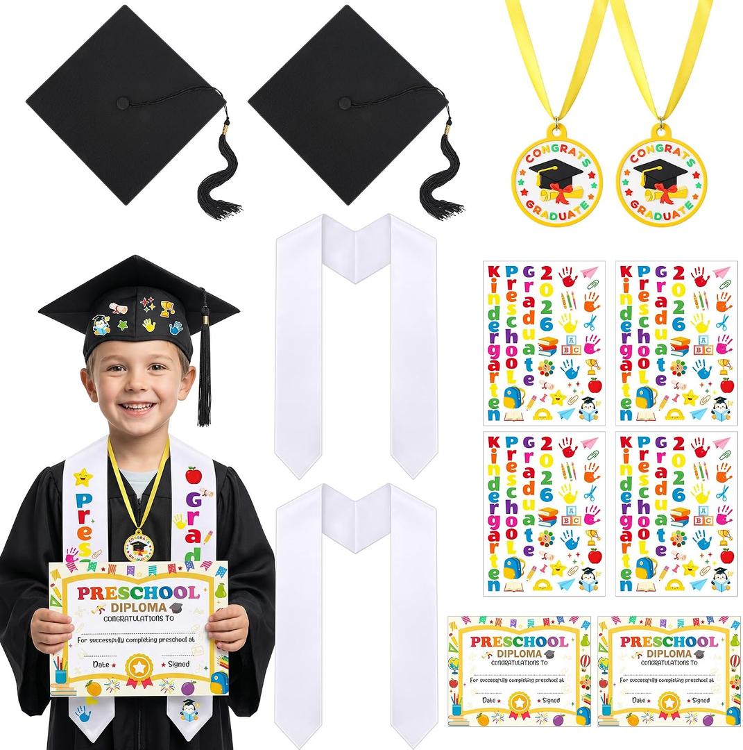 Wehhbtye 12 Pcs 2026 Preschool Kindergarten Graduation Cap Stole Iron on Letter Set, Preschool Graduation Cap Stole Decoration Includes Iron on Letters Certificate Medal for Kids Students DIY Craft