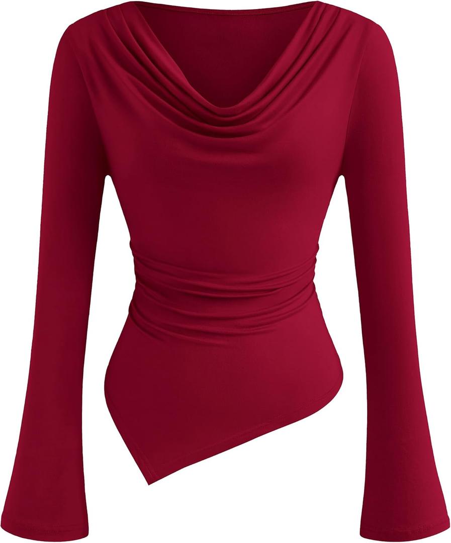 PRETTYGARDEN Womens Bell Long Sleeve Shirts Casual Cowl Neck Asymmetrical Slim Fit Crop Tops Y2K Going Out Spring Clothes (XX-Large, Burgundy)
