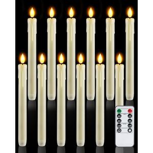 Homemory 12 Pcs Plastic Flameless Taper Candles with Remote Timer Dimmer, Ivory Led Candlesticks with Flickering Flame Light, Lifelike Taper Candles Battery Operated for Indoor Decoration 9.6 Inches
