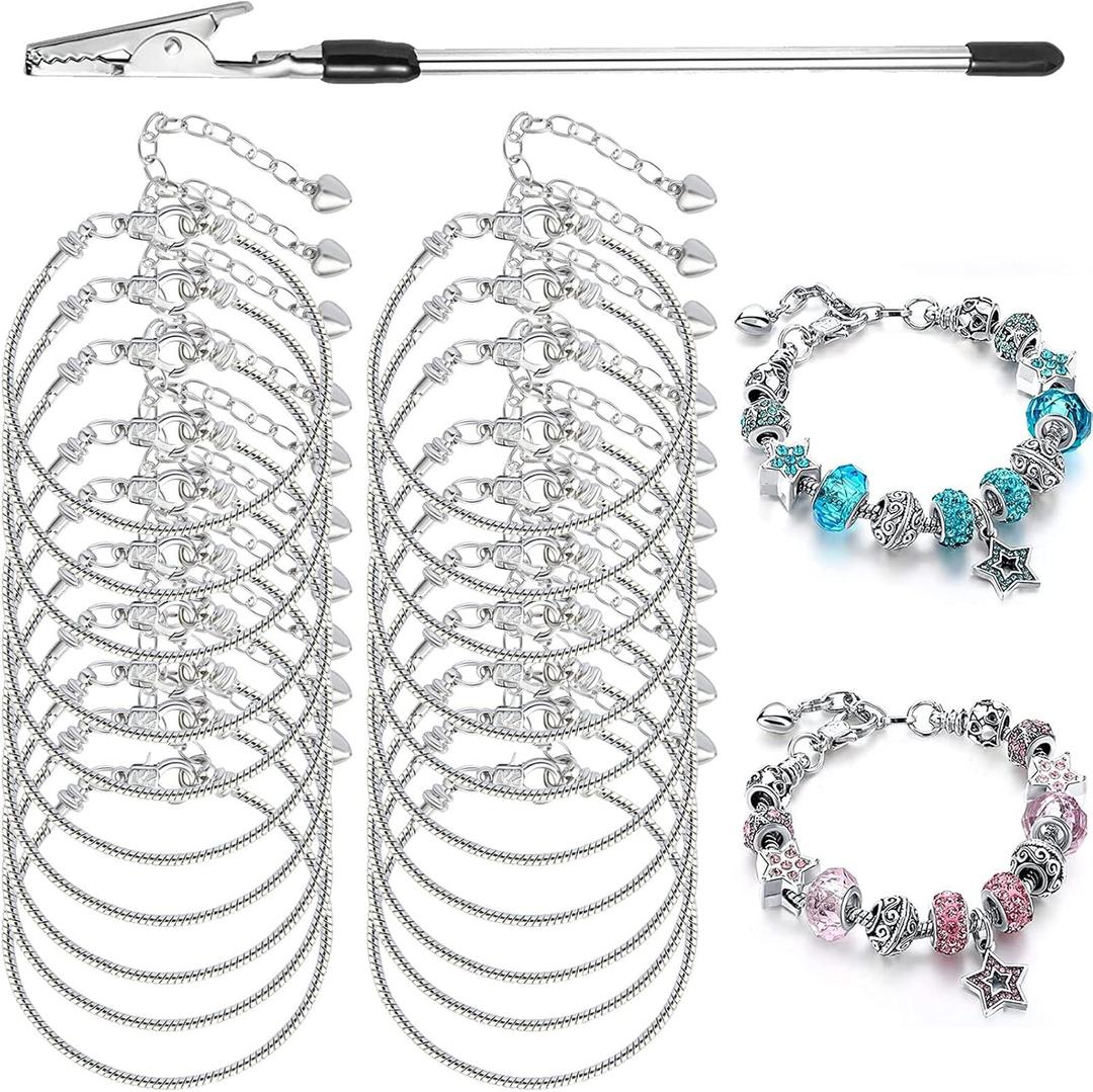 ZYEHXED 20PCS Snake Chain Charm Bracelet with Bracelet Helper Adjustable Snake Bracelet Chains with Lobster Clasp Extender Chain for Women DIY Jewelry Making Supplies