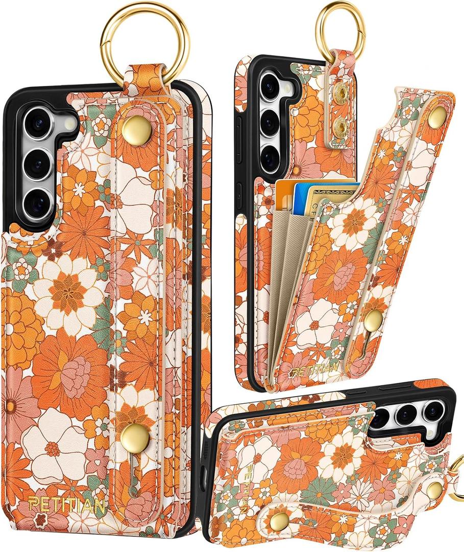 Petitian for Samsung Galaxy S23 Case with Wallet - Women Girls Cute Girly Aesthetic Unique Design Leather Credit Card Holder Cardholder Stand Wristband for S23, Orange Floral
