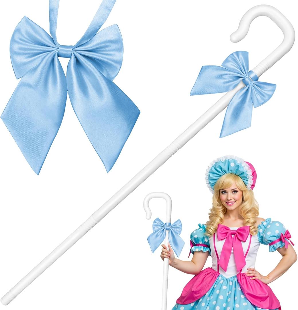 Farochy Shepherd Staff Bo Peep Staff, White Hook Canes with Blue Bowtie, Plastic Shepherd Crook Staff Bo Peep Costume Halloween Cosplay