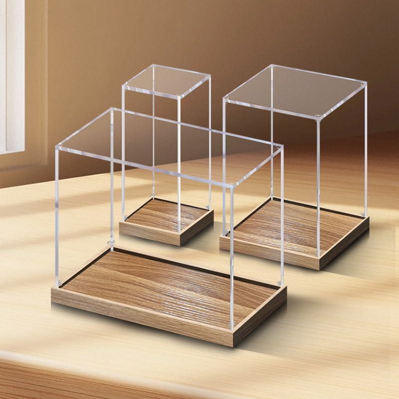 Acrylic Wood Grain Display Case12" L x 8" W x 16" H Thickening 2cm high Base can be Stacked Suitable for Lego Models Display cabinets, Art Collections , Figure Models Transparent Countertop Box