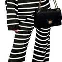 ZESICA Women's 2 Piece Sets Fall Casual Striped Long Sleeve V Neck Knit Sweater Tops and Wide Leg Pants Lounge Matching Set (Black, S)