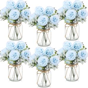 Zeyune 6 Sets Mason Jar Centerpiece Table Decorations, Artificial Peony Baby's Breath Flower Bouquets, Faux Flowers with Vase, Rustic Decor Gifts for Home, Wedding, Holiday (Blue)