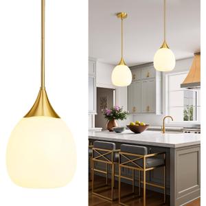 Kitchen Island Pendant Light: Mid Century Brushed Gold Hanging Light Fixtures with Milky Glass Globe - 10 Inch Farmhouse Chandeliers Ceiling Lighting for Dining Room