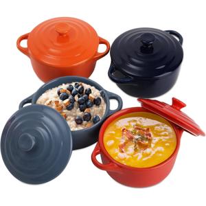Jucoan 4 Pack Porcelain Ramekins with Lid, 8 oz Small Cocotte Casserole Dishes with Lids and Handles, Individual Servings Souffle Creme Brulee Dishes for Baking, Oven Safe, 4 Colors
