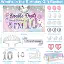 10th Birthday Decorations for Girls,49pcs Silver Dazzle Double Digits Banner, Iridescence Tablecloth, Sash, Tiara, Butterfly Decor, Happy 10th Birthday Cake Topper, Candles, Balloons Arch