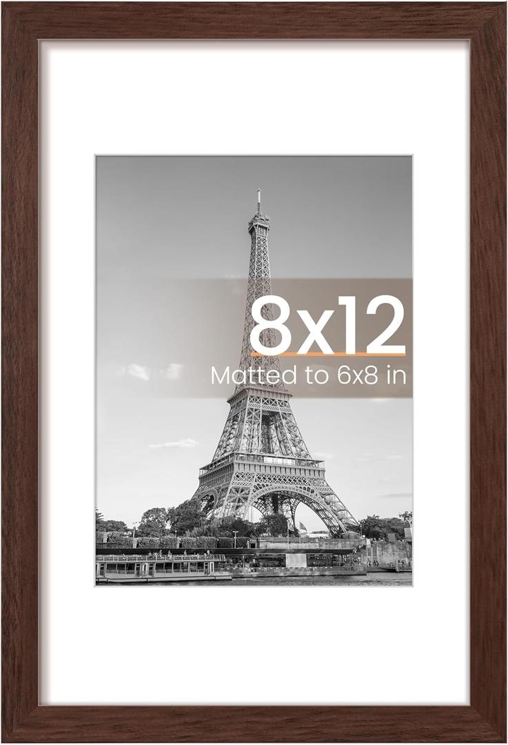 Upsimples 8x12 Picture Frame, Display Pictures 6x8 with Mat or 8 x 12 Without, Wall Hanging Photo Frames, Brown, 1 Pack