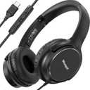 USB C Wired Over-Ear Headphones with Microphone, Volume Control, Share Port, and Adjustable Headband Foldable Stereo Headset for iPhone 16, Samsung, Laptop, Gaming, Travel