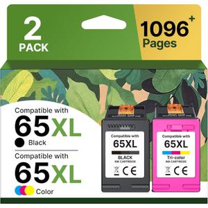 65XL Ink Cartridges Black/Color Combo Pack High-Yield Replacement for HP Ink 65 65XL Ink Cartridges Work for HP DeskJet 3755 3772 3700 3752 3722 2600 2622 Envy 5055 5000 5070 5052 (1 Black,1 Color)
