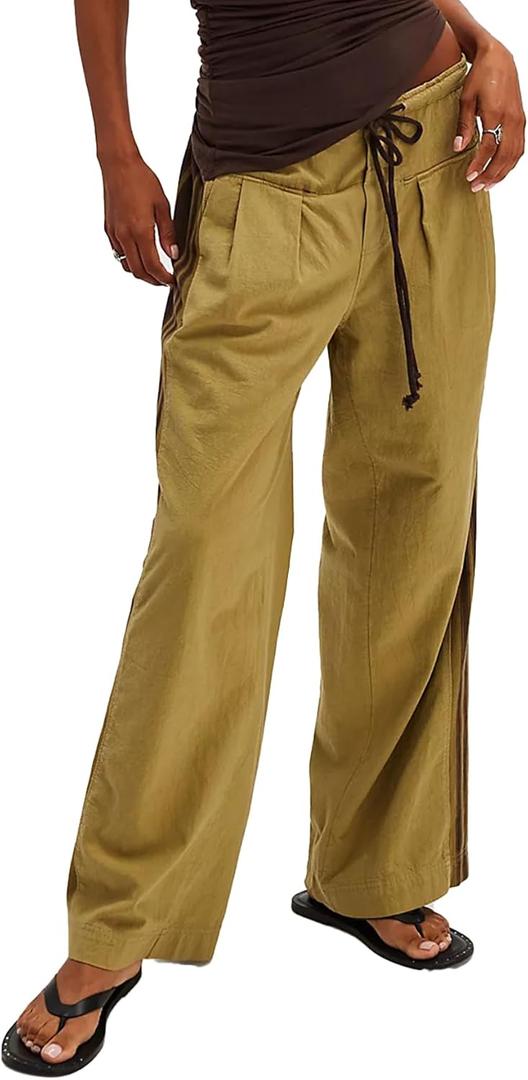 Side Striped Pants Women Drawstring Wide Leg Pants High Waisted Loose Slouchy Palazzo Sweatpants (Small, Brown)