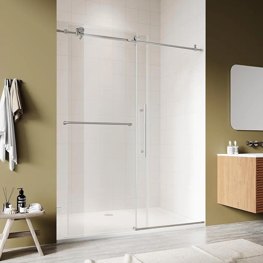 60-64" W x 72" H Frameless Shower Door, Sliding Glass Shower Door with 5/16"(8mm) Clear SGCC Tempered Glass, Bathroom Doors for Walk in Shower Silent Soft-Close Design, Brushed Nickel