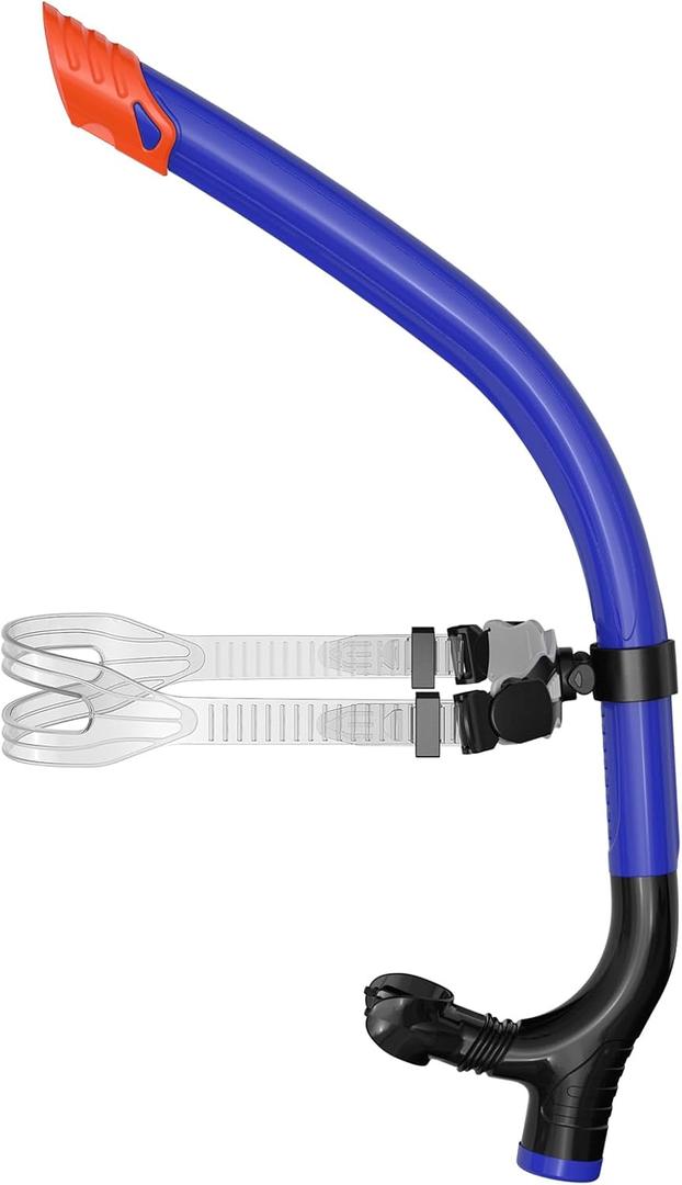 Swimmer's Snorkel for Lap Swimming, Adult Snorkeling Gear Swim Training, Center-Mount Silicone Mouthpiece One-Way Purge Valve in Pool and Open Water (Blue)