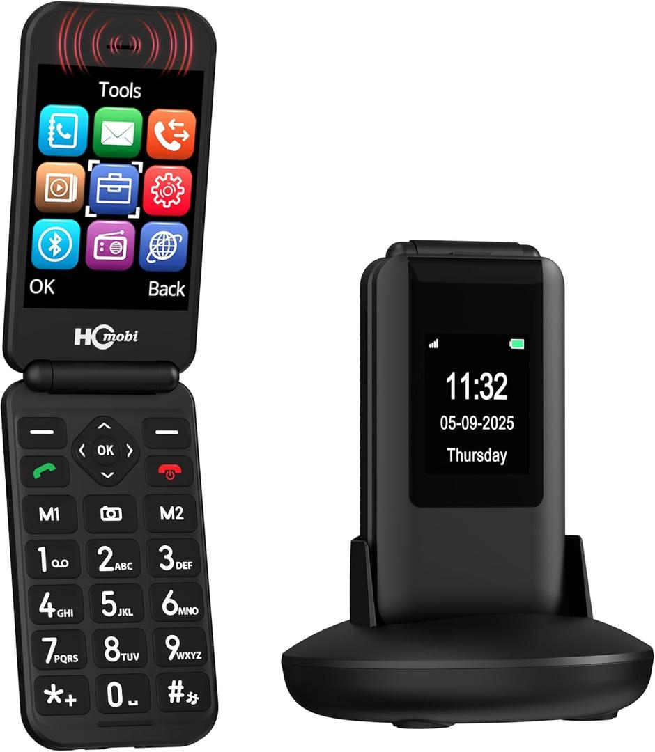 Flip Phone Unlocked, 2.8+1.5" Dual Screen Flip Phones for Seniors, SOS ButtonSpeed DialLarge FontsCharging Dock1400mAh Battery (Black)