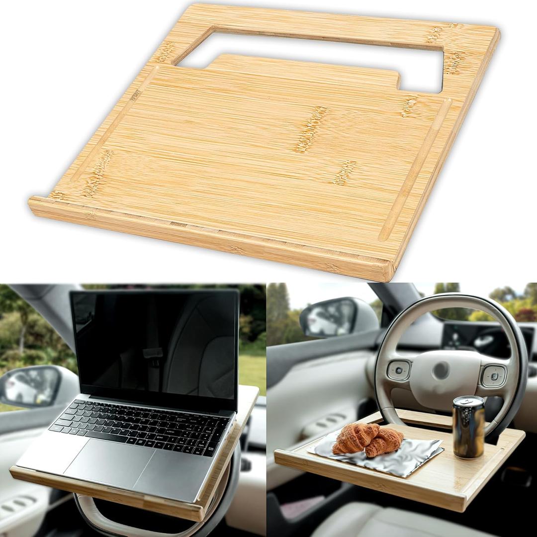 Essential Steering Wheel Tray - Car Table for Meal, Multipurpose Steering Wheel Table for Travelers, Table and Laptop Holder, Laptop Tray for Work (Regular (15x14), Natural Bamboo)