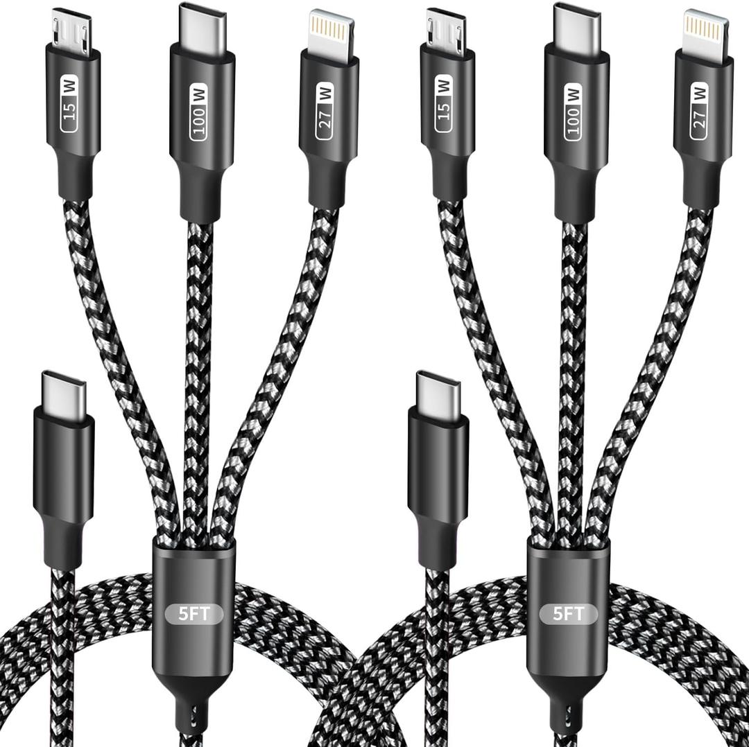 100W USB C Multi Charging Cable with E-Mark Chip, 3 in 1 USB C Fast Charging Cable, Universal Multiple Charger Cord with Type-C, Micro USB, IP Port for iPhone16/15/14/Cell Phones and More (2Pack 5FT)