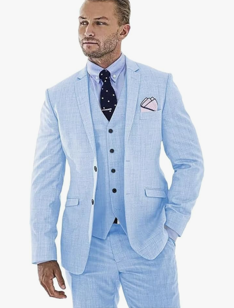 Men's 3 Piece Linen Suit Slim Fit Casual Suits Groomsmen Tuxedo Summer Beach Wedding Suits Set L