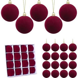 UMEEUTOO 16 Pcs Red Velvet Christmas Balls, 3.15 Inch Velvet Ornaments for Christmas Tree, Flocked Ornaments Balls for Wreath Garland - Burgundy
