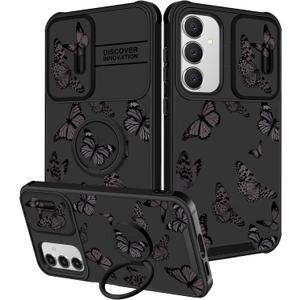 Funermei for Samsung Galaxy S24 FE Case - Women Girls Cute Phone Cover Girly Pretty Aesthetic Black Butterfly Unique Design with Camera Cover Ring Stand Funda for Samsung S24 FE Case