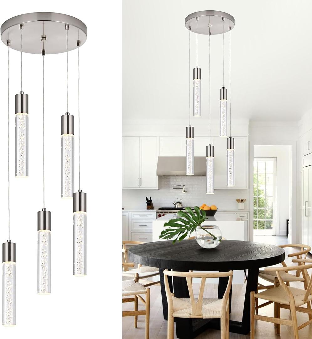MELUCEE 5 Color Temperature Dimmable LED Pendant Light, 5-Light Round Multi Cluster Pendant Lighting Mini Bubble Chandelier Brushed Nickel for Dining Room Kitchen Island Stair, 3000K-6000K, Adjustable Height