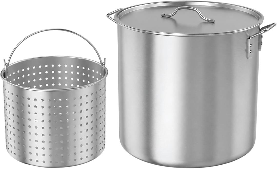 GasOne 60Qt Aluminum Stock Pot with Strainer and – Lid Large Deep Fryer Pot, 60 Quarts