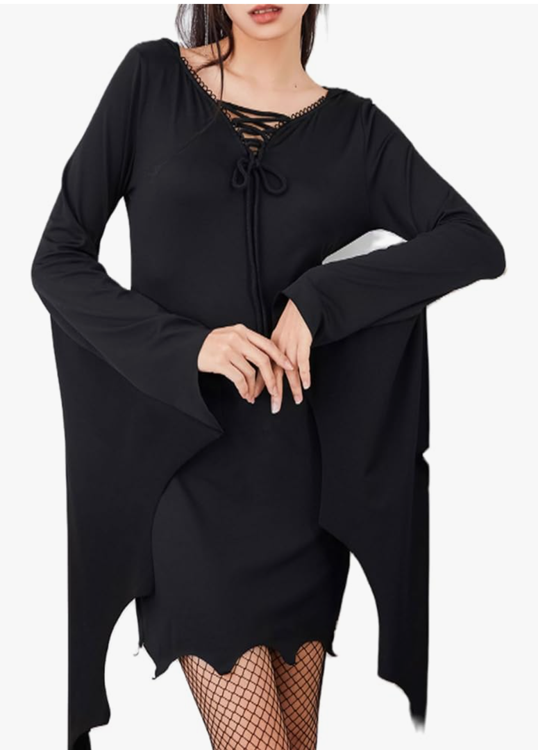 Women Halloween Sexy Dress Bat Sleeve Gothic Party Short Dress Vintage Halloween Witch Cosplay Costume with Hooded