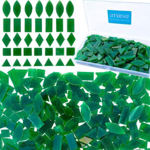LITMIND Green Stained Glass Mosaic Tiles - 240 Pieces in 5 Shapes (Rectangle, Triangle, Rhombus, Square, Leaf) for Crafts & Mosaic Supplies (Opaque)