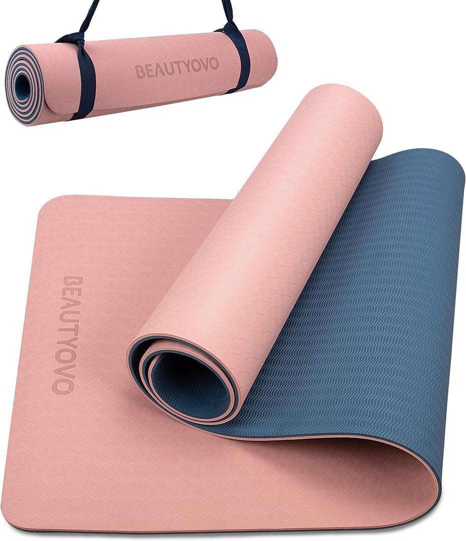 BEAUTYOVO Yoga Mat with Strap, 1/3 Inch Extra Thick Yoga Mat Double-sided Non Slip, Professional TPE Yoga Mats for Women Men, Workout Mat for Yoga, Pilates and Floor Exercises (Cherry Pink & Navy Blue)