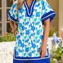 Wenrine Womens Summer Puff Sleeve Casual V Neck Mini Boho Floral Dresses (Blue)