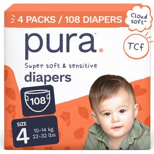 Pura Baby Diapers Size 4 (22-32 lbs) 108 Count Sensitive Skin | 12 Hour Leak Protection, New Blowout Blocker, Cloud Soft, Totally Chlorine Free*, Allergy UK Certified