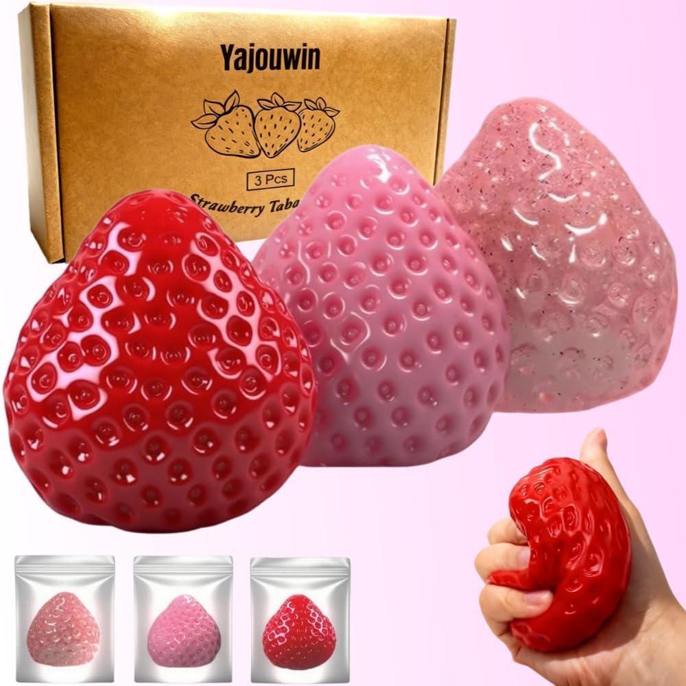 Handmade Strawberry Taba Squishy Toys: 3Pcs Ultra Squishies Squishy Fidget Toys Kawaii Squeeze Toys for Kids and Adults,Relieves Stress Anxiety Gifts for Birthday,Party (Pink Red Transparent Powder)