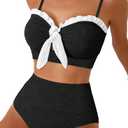 Herseas Womens Seashell Textured Bikini Sets 2026 Summer Knotted Front Ruffle Swimsuits Full Coverage High Waisted Flattering Bathing Suits Teen Girls Resort Essentials X-Small Black and White