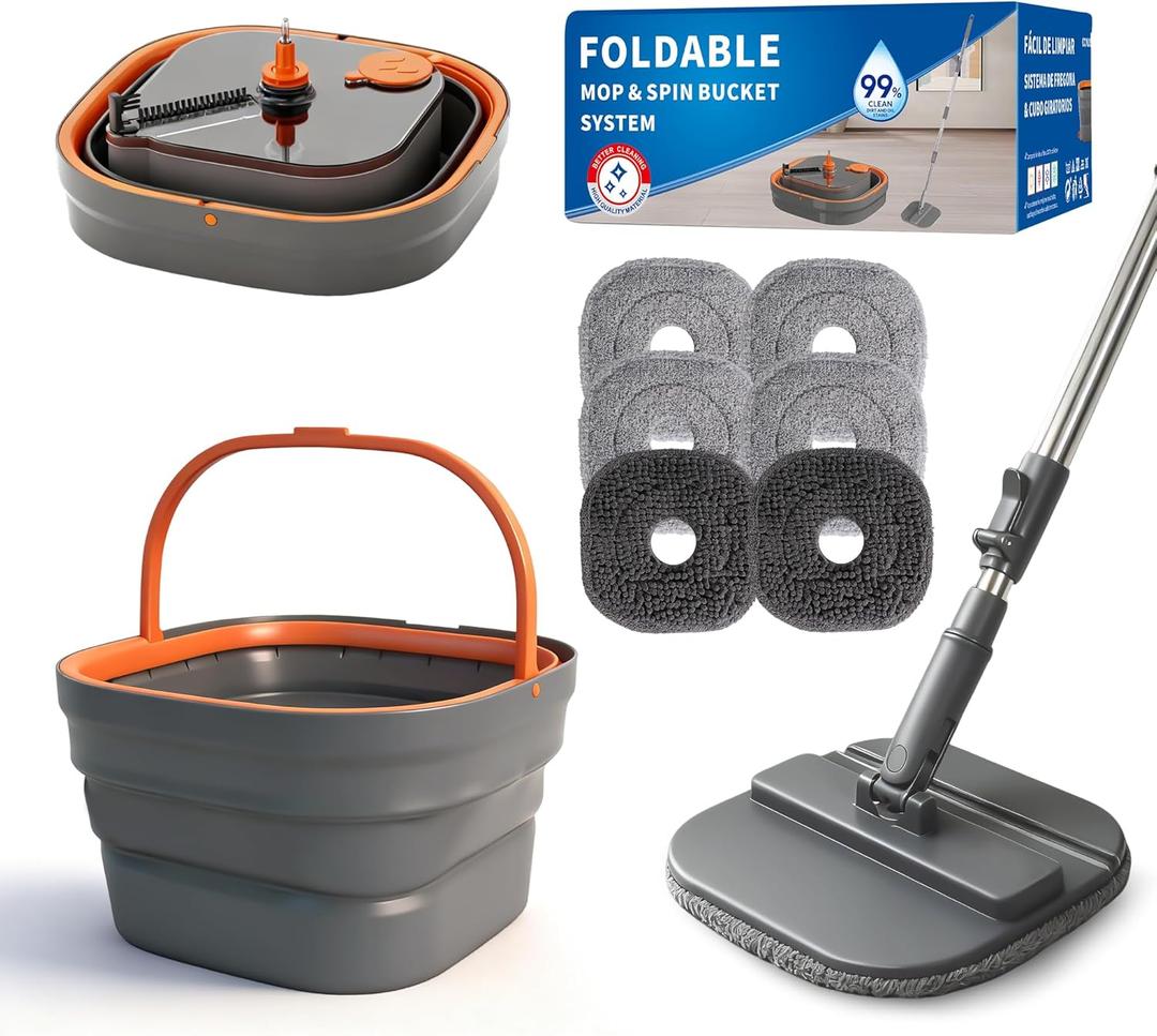 Collapsible Mop Set, Spin Mop with Separate Dirty and Clean Water, 6 Replaceable Mopping Pads with Foldable Handle, Deep Cleaning Mops and Buckets for Household Use Floor Cleaning