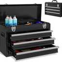 Portable Metal Tool Box, 3 Drawers Lockable Heavy Duty Tool Chest Storage Toolbox with Ball-Bearing Slides and 2 Metal Latches Closure for Garage, Workshop, Repair Shop (Black)