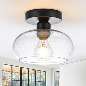 WILON Industrial Semi Flush Mount Ceiling Light, Hallway Light Fixture with Glass Shade, Small Black Kitchen Ceiling Light Fixture Farmhouse Light Fixtures for Entryway Bedroom Bathroom Foyer (7.87 Inch)