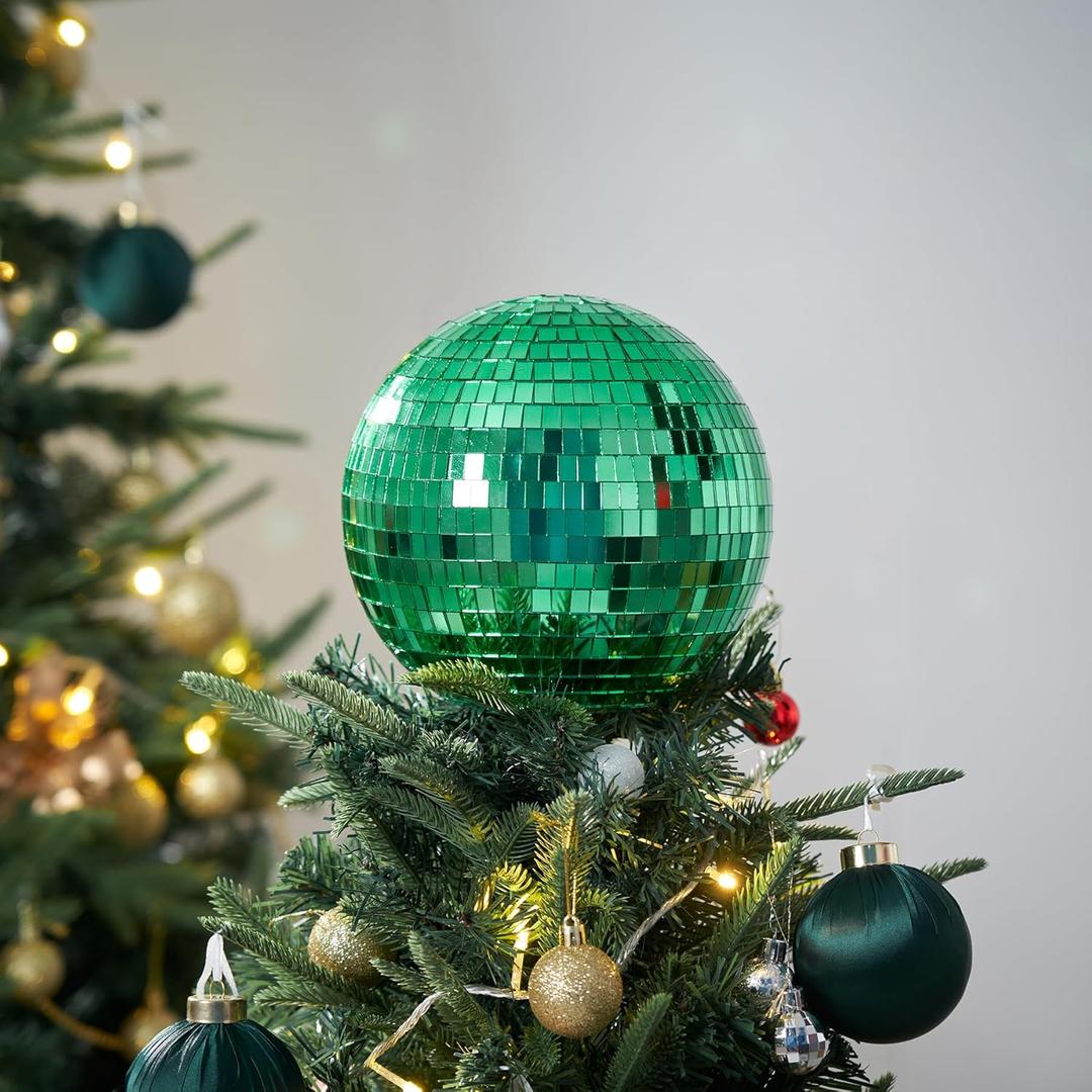 Christmas Tree Topper Ball, Green 8-inch Disco Ball & Mirror Ball, 3D Hollow Ornament Hanging Decoration for Christmas, Halloween, Wedding, Birthday Party Decorations, Green