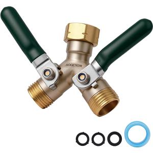 Brass Garden Hose Splitter 2 Way Heavy Duty Adapter, Y Splitter with Shutoff Valve Outdoor Faucet Splitter, 3/4 Inch GHT Thread Connection and Extended Handle Double Hose Bib Splitter