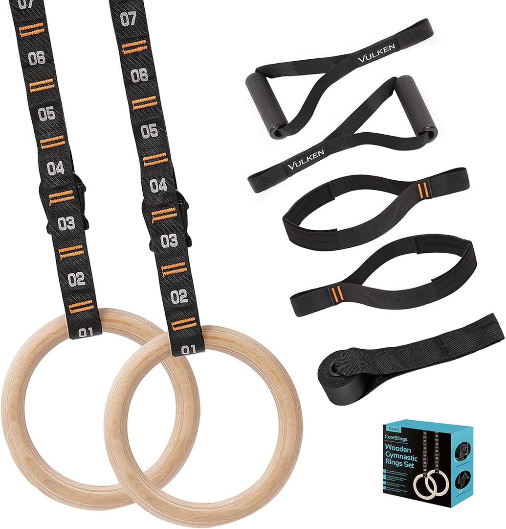 Vulken Wooden Gymnastic Rings with Adjustable Numbered Straps. 1.1'' Olympic Rings for Core Workout and Bodyweight Training. Home Gym Rings 1600lbs with Workout Handles